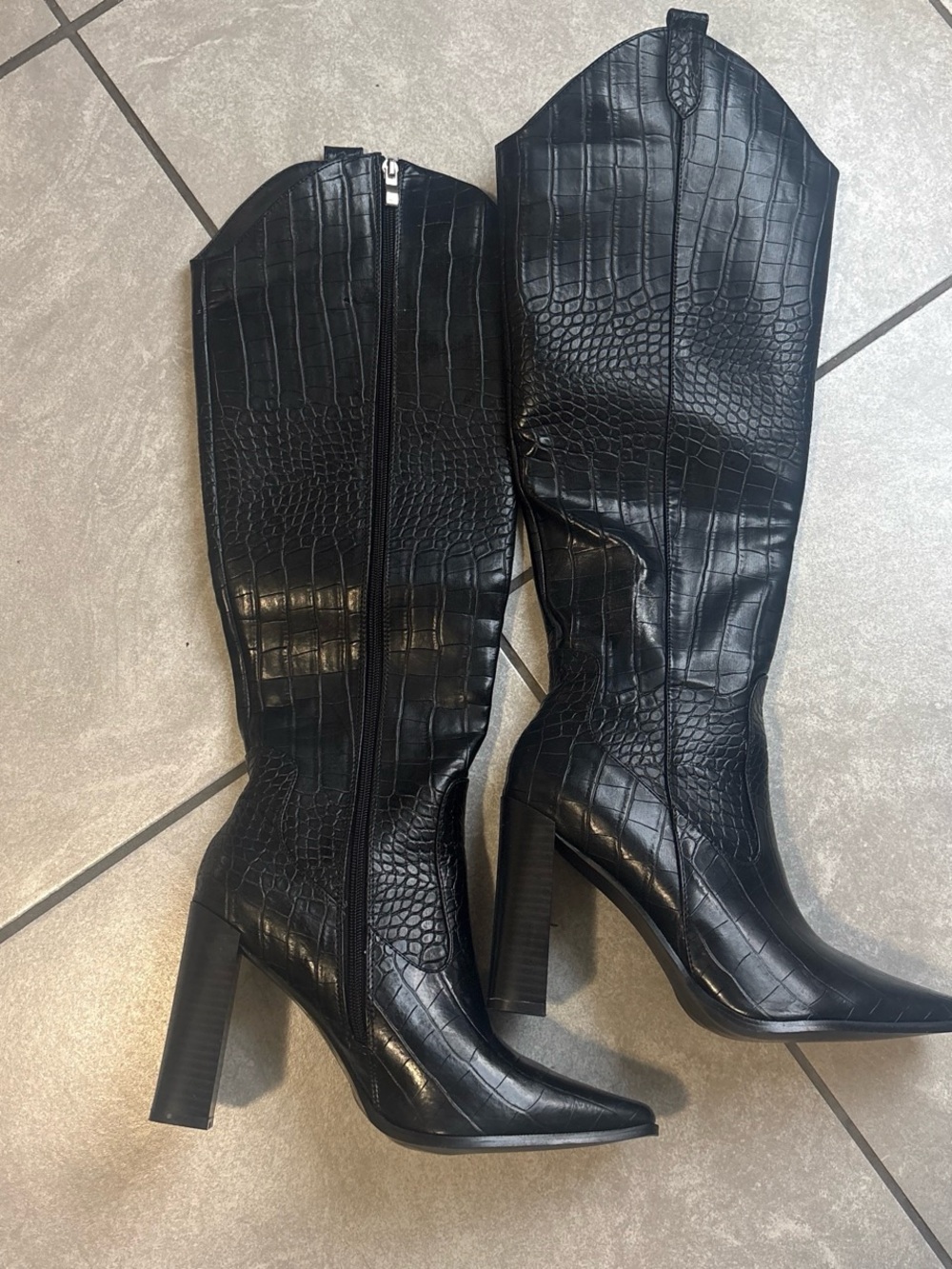 PrettyLittleThing Black Croc-Embossed Over-The-Knee Heeled Boots